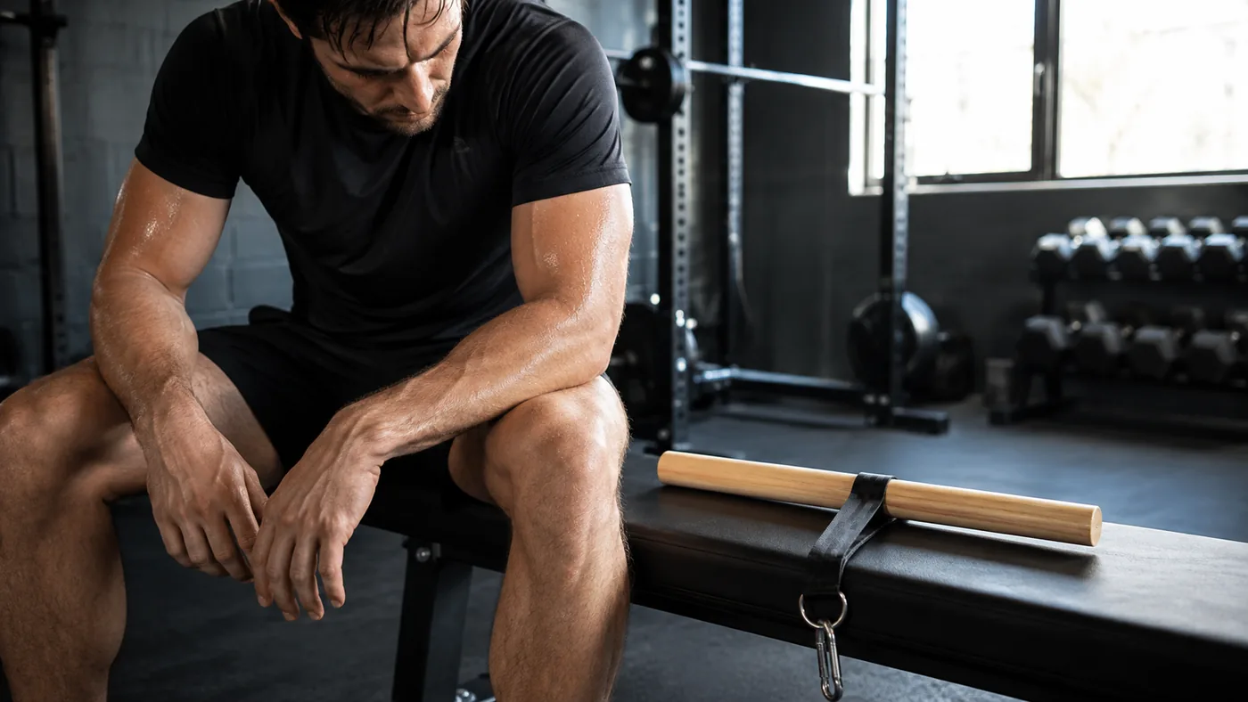 Lifter with visibly tired forearms at the end of a pull session, the roller waiting on the bench