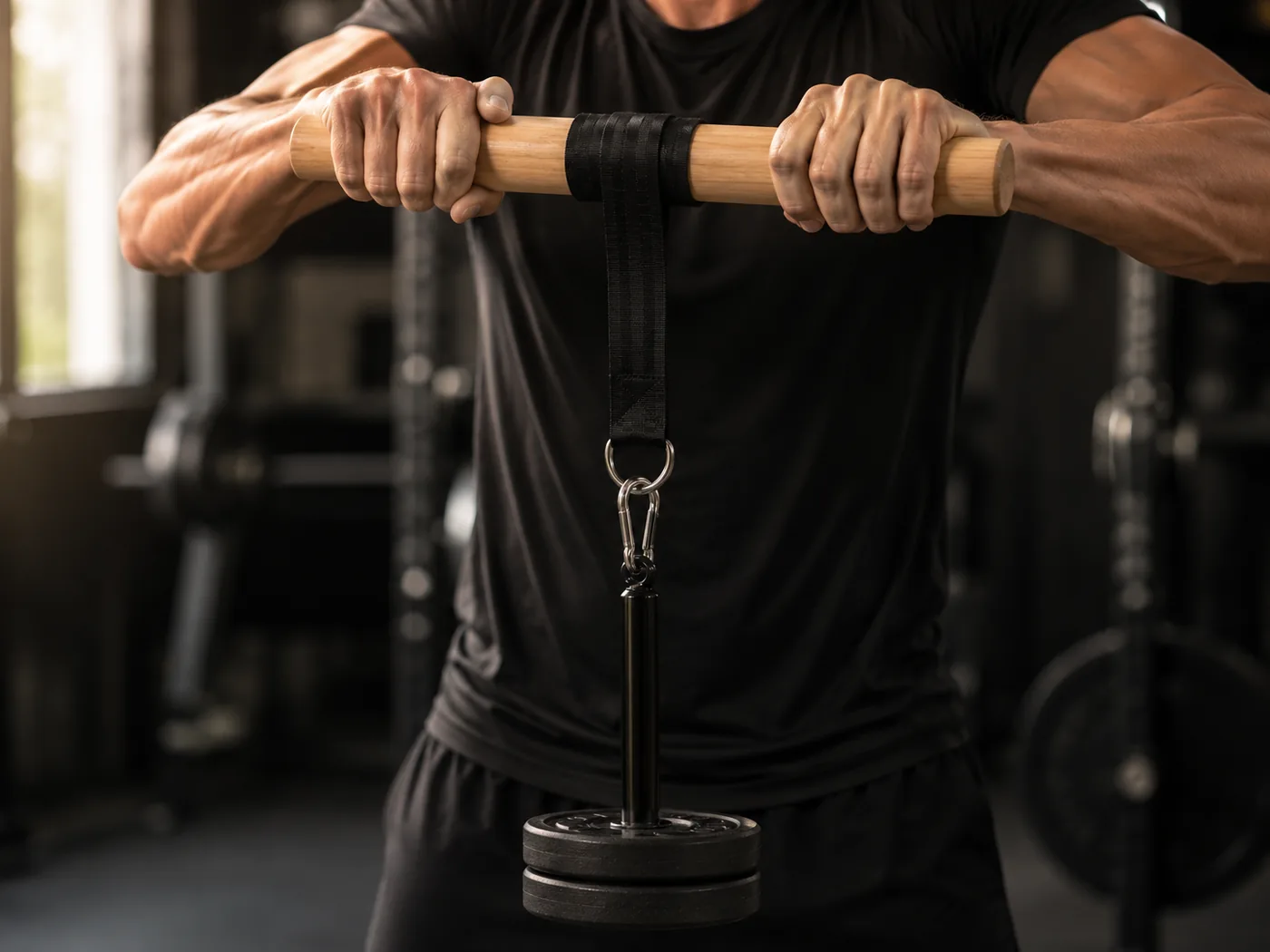Strap already wound several turns round the bar, loaded pin hanging free below, forearms under tension