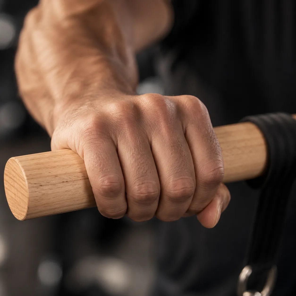 Extreme close-up of a bare hand gripping one end of the light wooden bar
