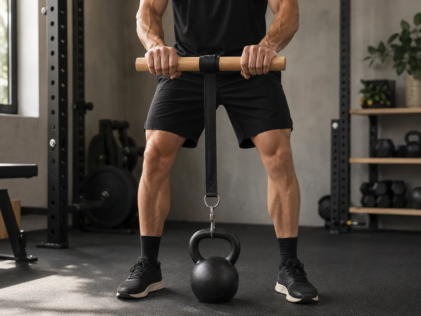 Carabiner clipped straight round the handle of a kettlebell on the floor, strap pulled taut