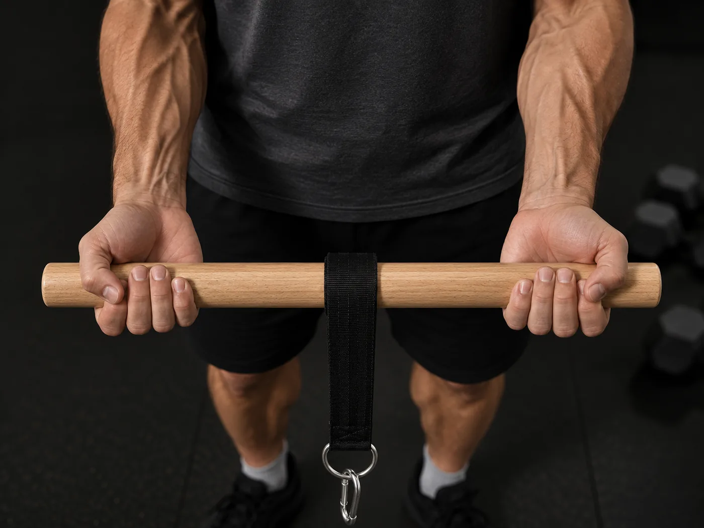 Palms-up grip on the bar, showing the underside of the forearms and the flexors