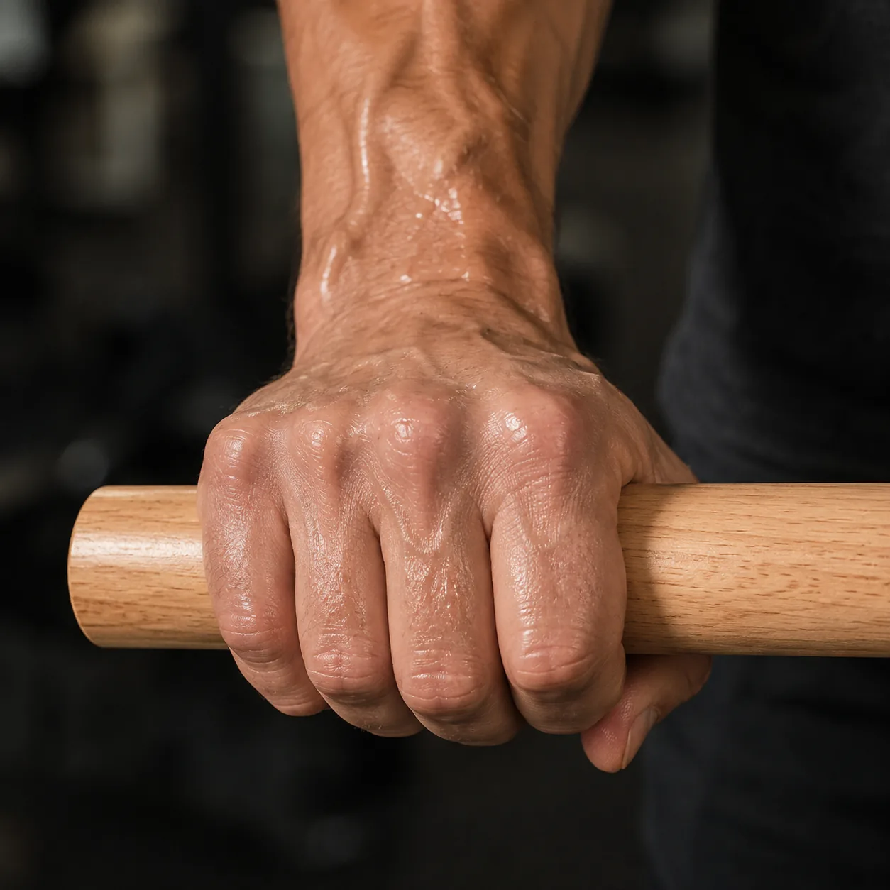 Fingers clamped round the wooden bar after several rotations, forearm veins and tendons under tension
