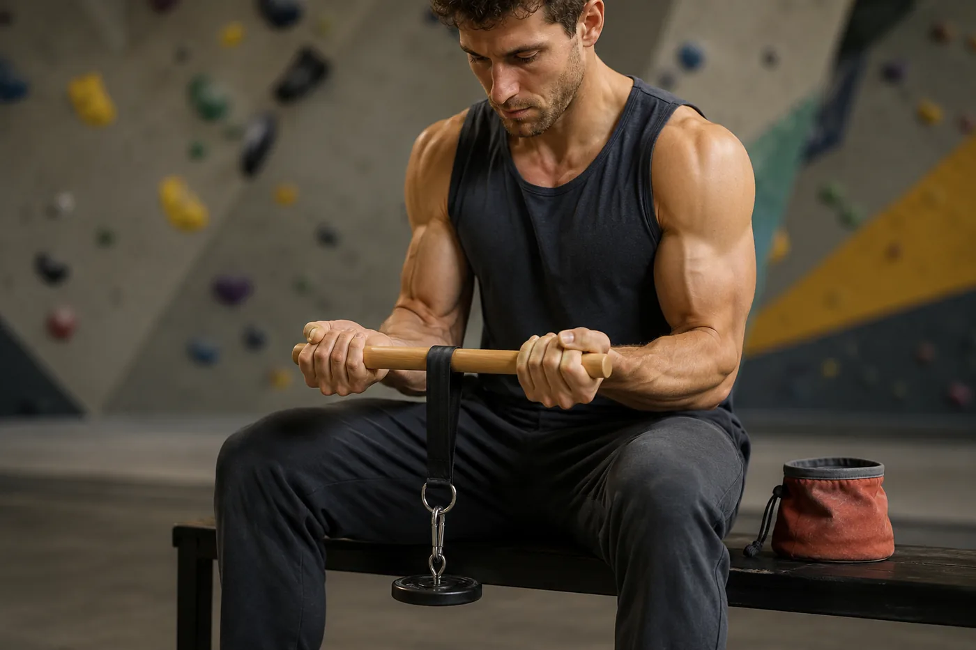Climber using the wrist roller on a low bench after a session, climbing wall blurred behind