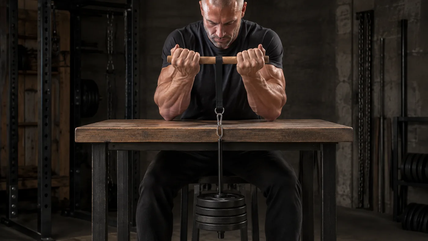 Strength athlete at a garage workbench, elbows tucked, forearms isolated, loaded pin hanging clear under the table
