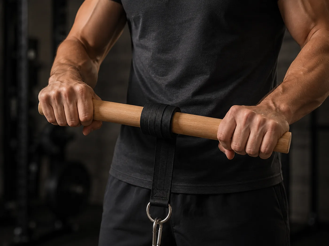 One hand turning the bar forward while the other repositions, first turn of strap winding round the middle
