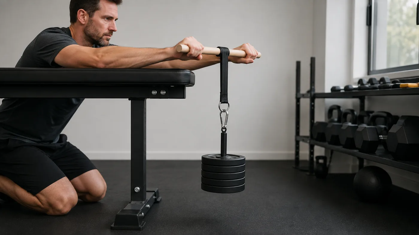 Forearms resting flat on a bench, wrists past the edge, loaded pin hanging clear in front of the bench