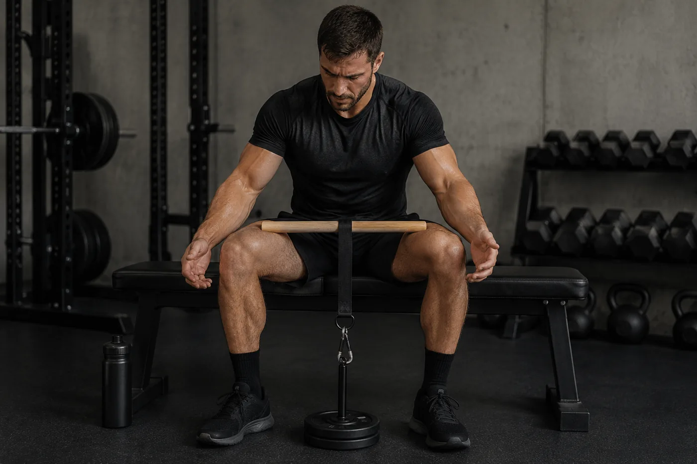 Wrist roller resting across the thighs between sets, hands open and relaxed, strap and pin on the floor