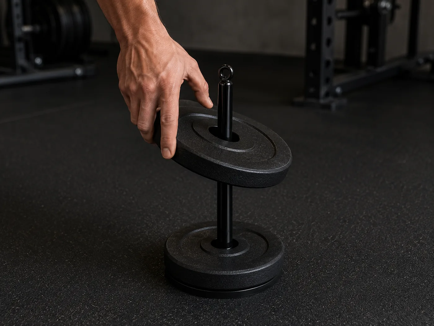 Hand lowering a cast-iron plate over the loading pin shaft, one plate already resting on the base
