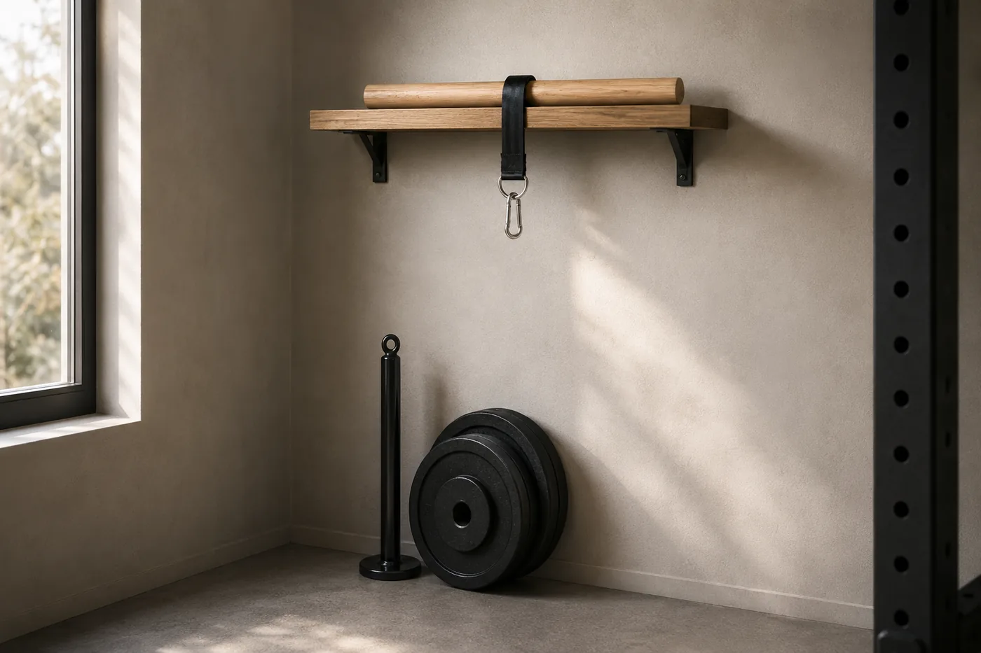 The wrist roller stowed on a wall shelf with its strap and carabiner hanging, the loading pin standing upright on its base beside three stacked plates in a home gym corner