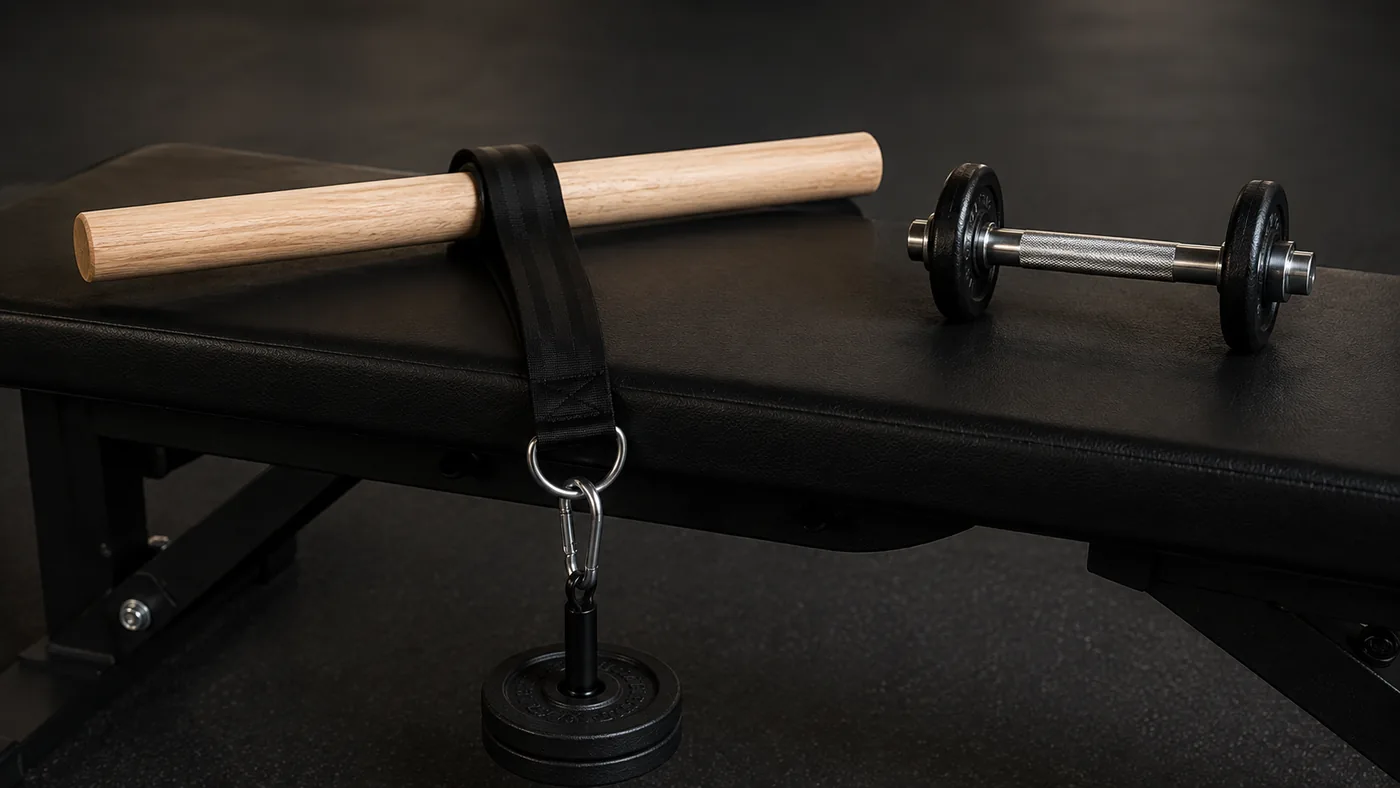 Wrist roller on the left with its strap and weight, a short straight curl bar with two plates on the right, same bench and light