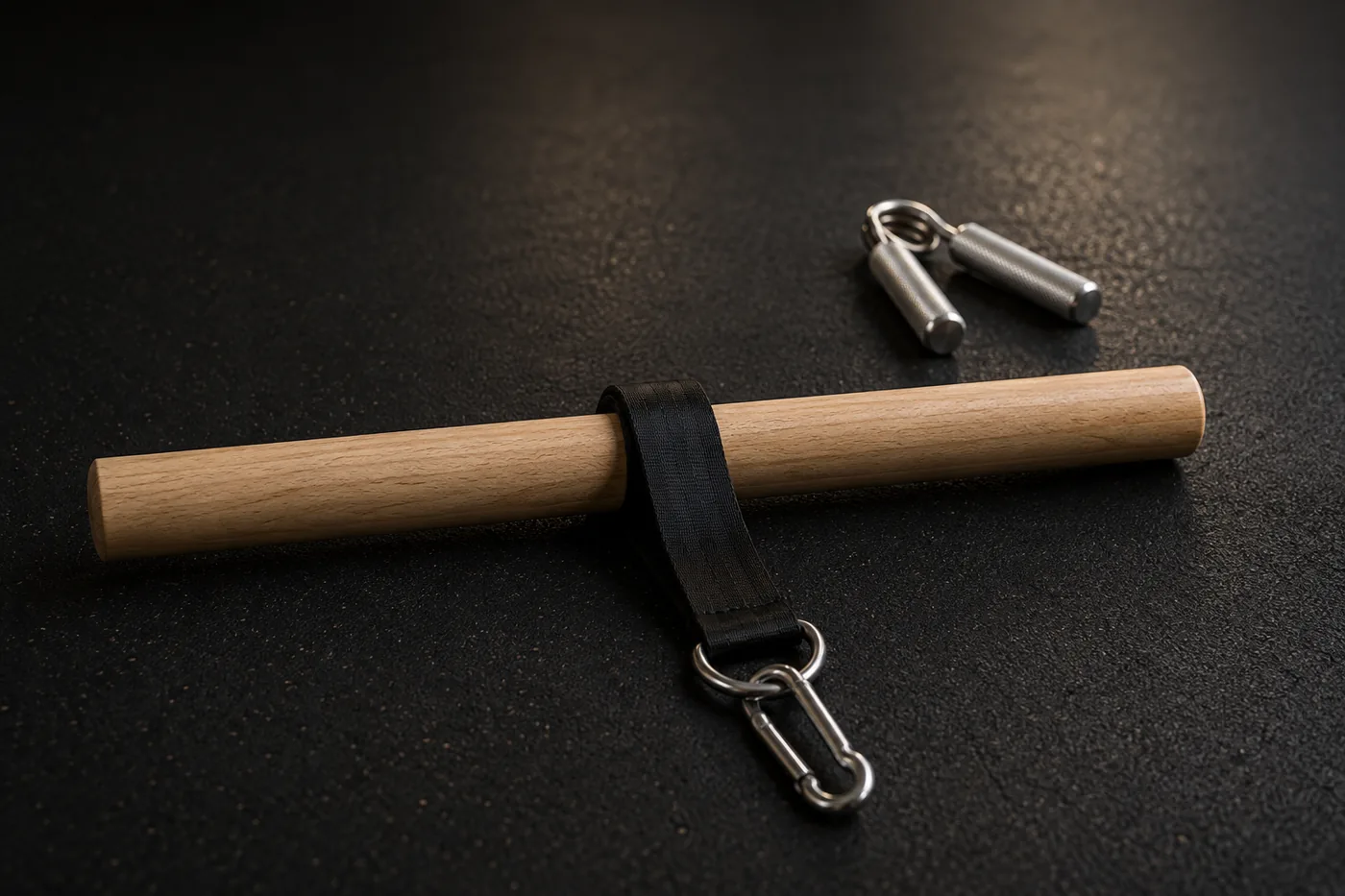 Wrist roller in the foreground next to a much smaller steel hand gripper, showing the difference in scale