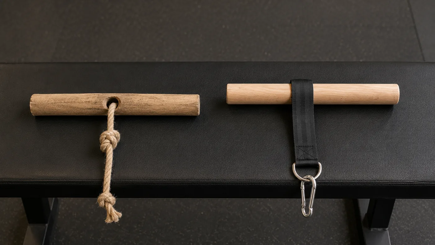 Homemade wooden handle with a knotted rope next to the finished roller with its stitched nylon strap and steel carabiner