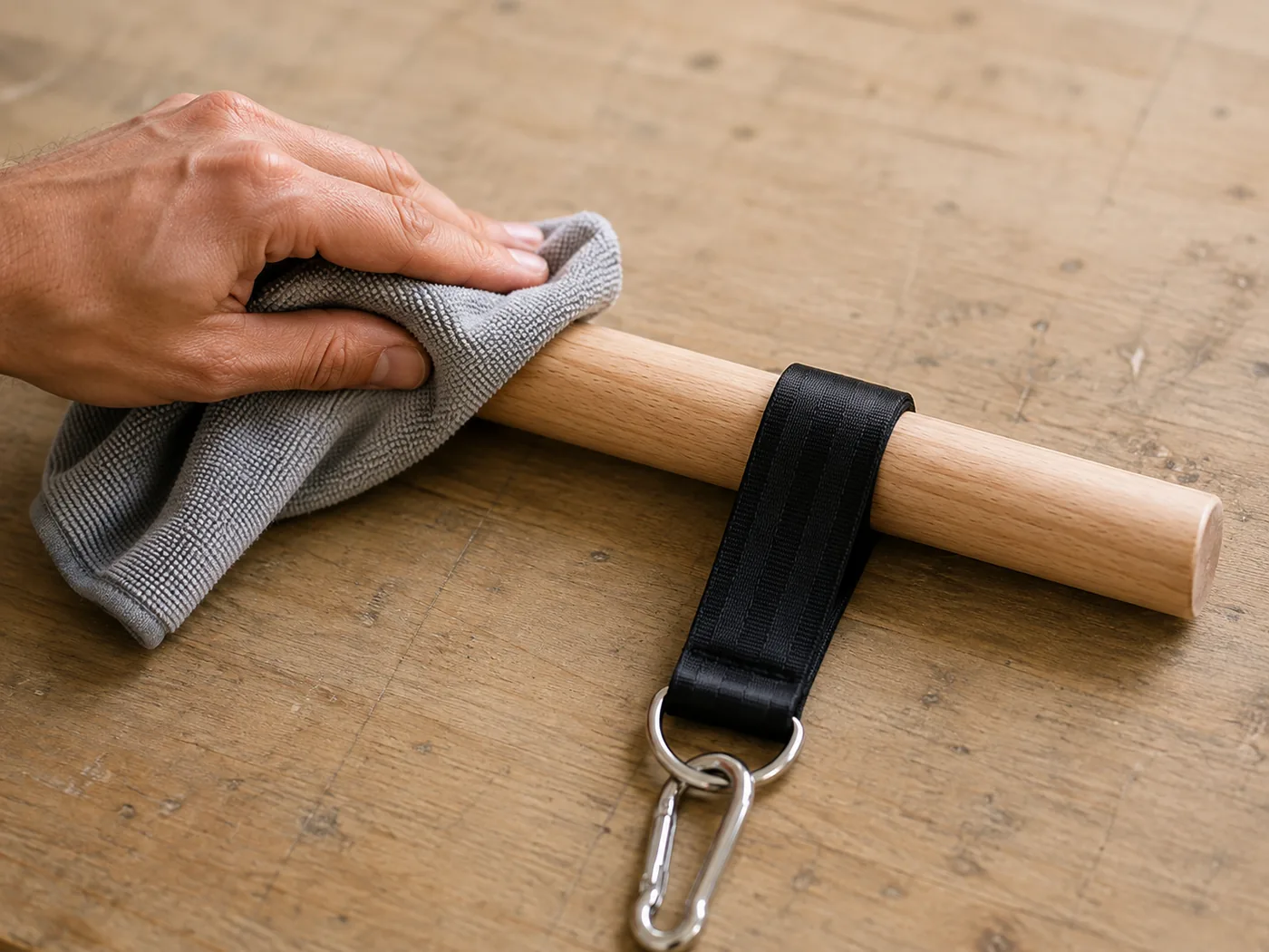 Hand wiping the wooden bar dry with a grey microfibre cloth on a clean workbench