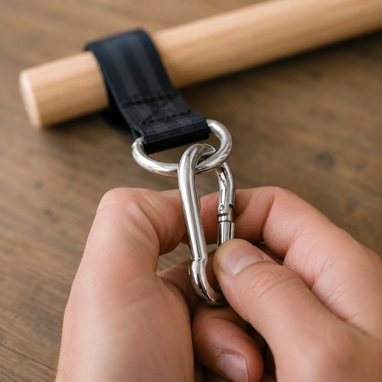 Hand pressing the carabiner gate to check it closes properly, wooden bar and strap behind