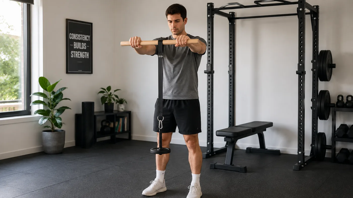 Beginner rolling with a single small plate on the loading pin in a bright home gym