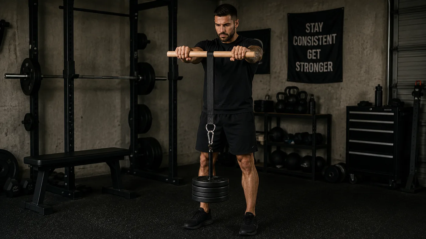 Experienced athlete rolling a loading pin stacked with several plates in a dark garage gym