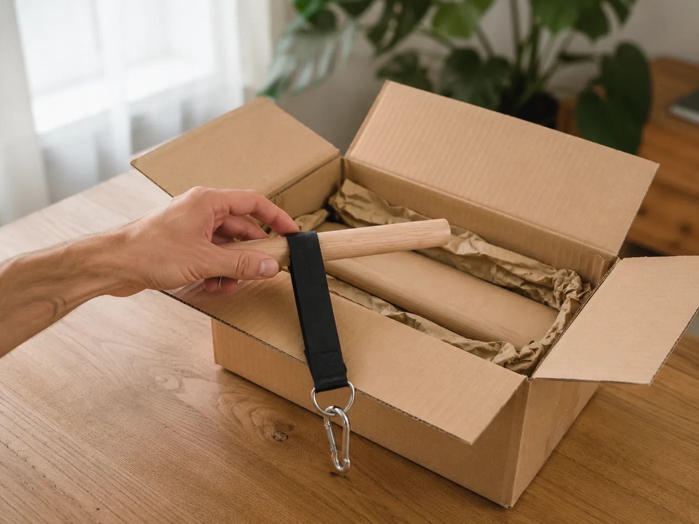 Roller just lifted out of a plain kraft shipping box on a light wooden table, strap and carabiner visible