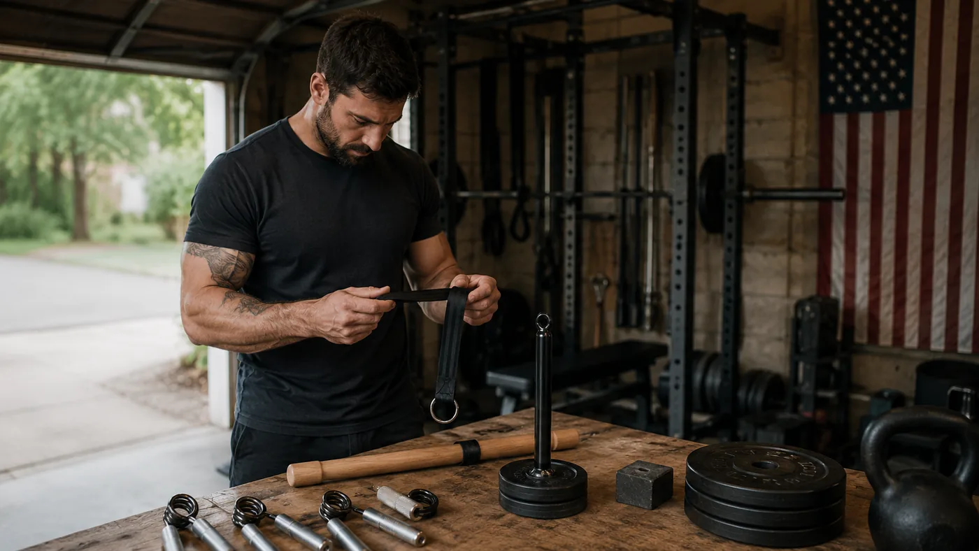 Grip-training enthusiast at his workbench with the roller, loading pin, grippers and a pinch block