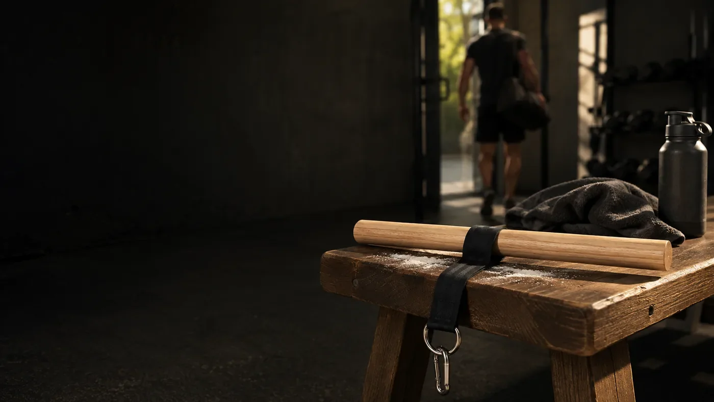 Gripwood wooden wrist roller resting on a workout bench with chalk, a folded towel and a water bottle at the end of a session