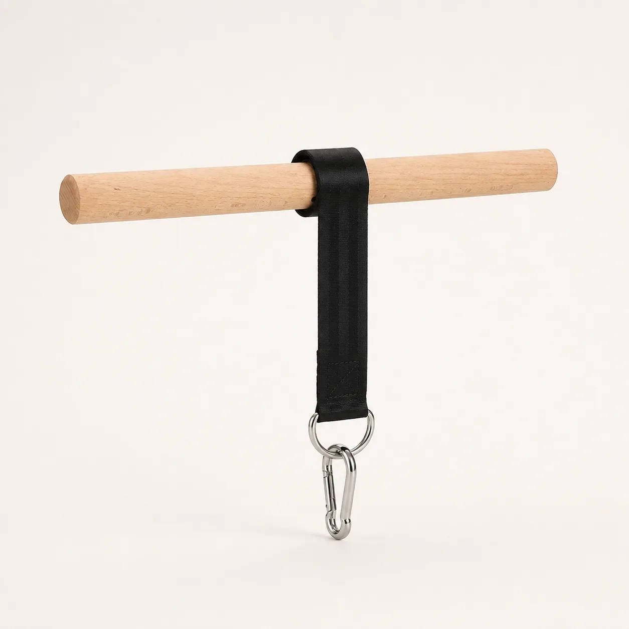 Gripwood wrist roller with wooden handle, black nylon strap and steel carabiner
