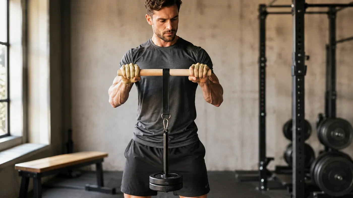 Athlete rolling the Gripwood wrist roller at chest height in a home gym
