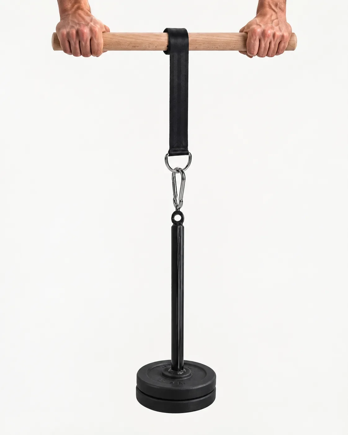 Wrist roller hanging vertically with the strap fully extended and a loading pin clipped to the carabiner