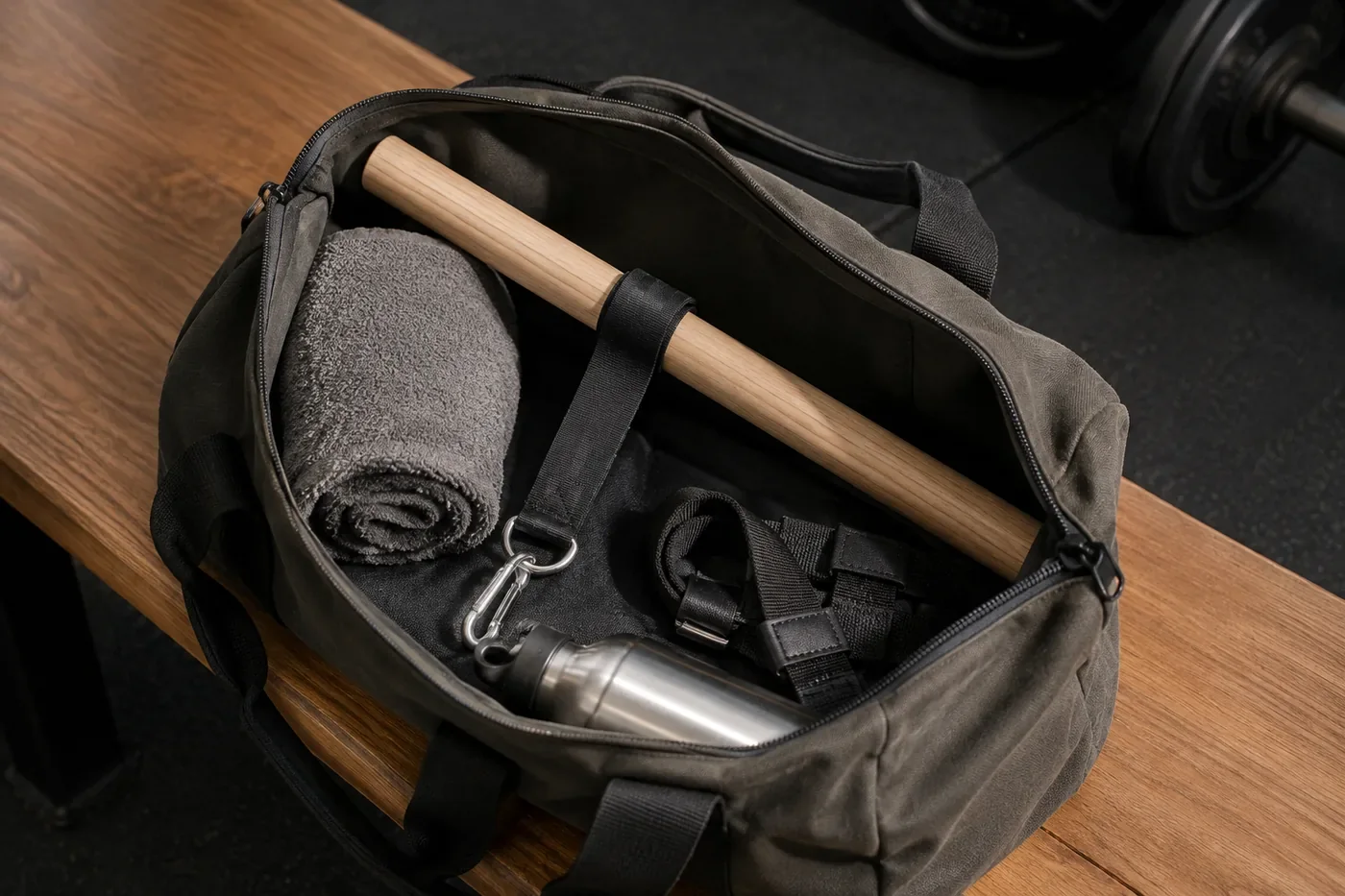 Wrist roller resting on an open canvas gym bag beside a rolled towel